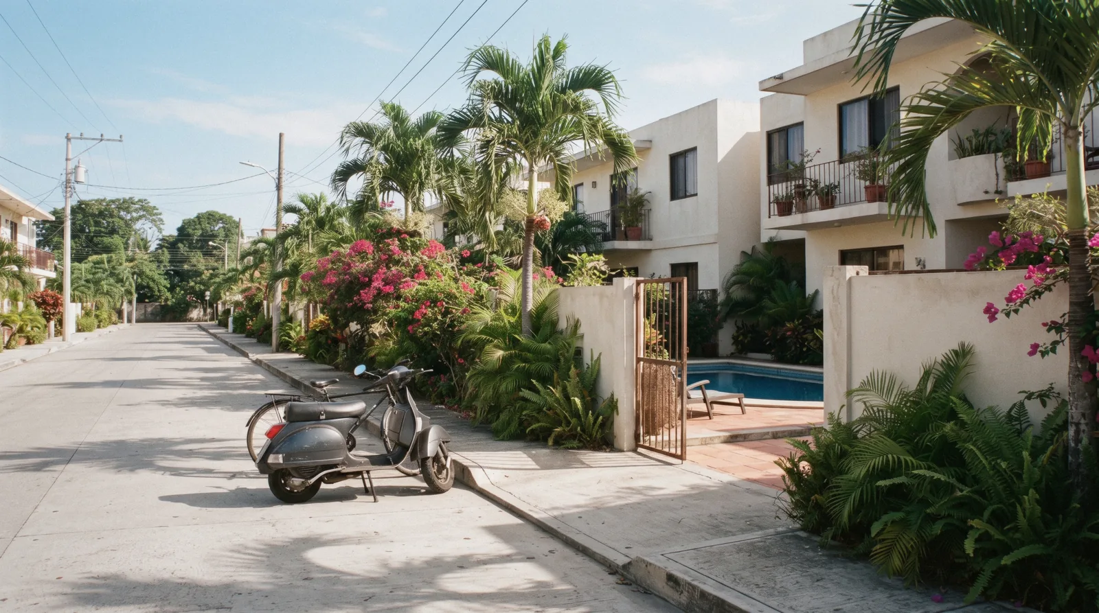 A quiet paved street of low apartment blocks and palms in Aldea Zamá, the residential grid of Tulum, Mexico