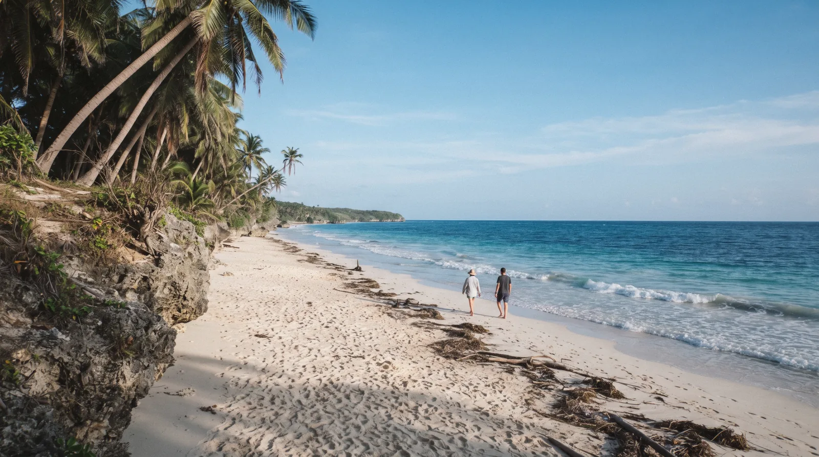 White sand and turquoise water below the cliff line on a public Tulum beach, Tulum Mexico