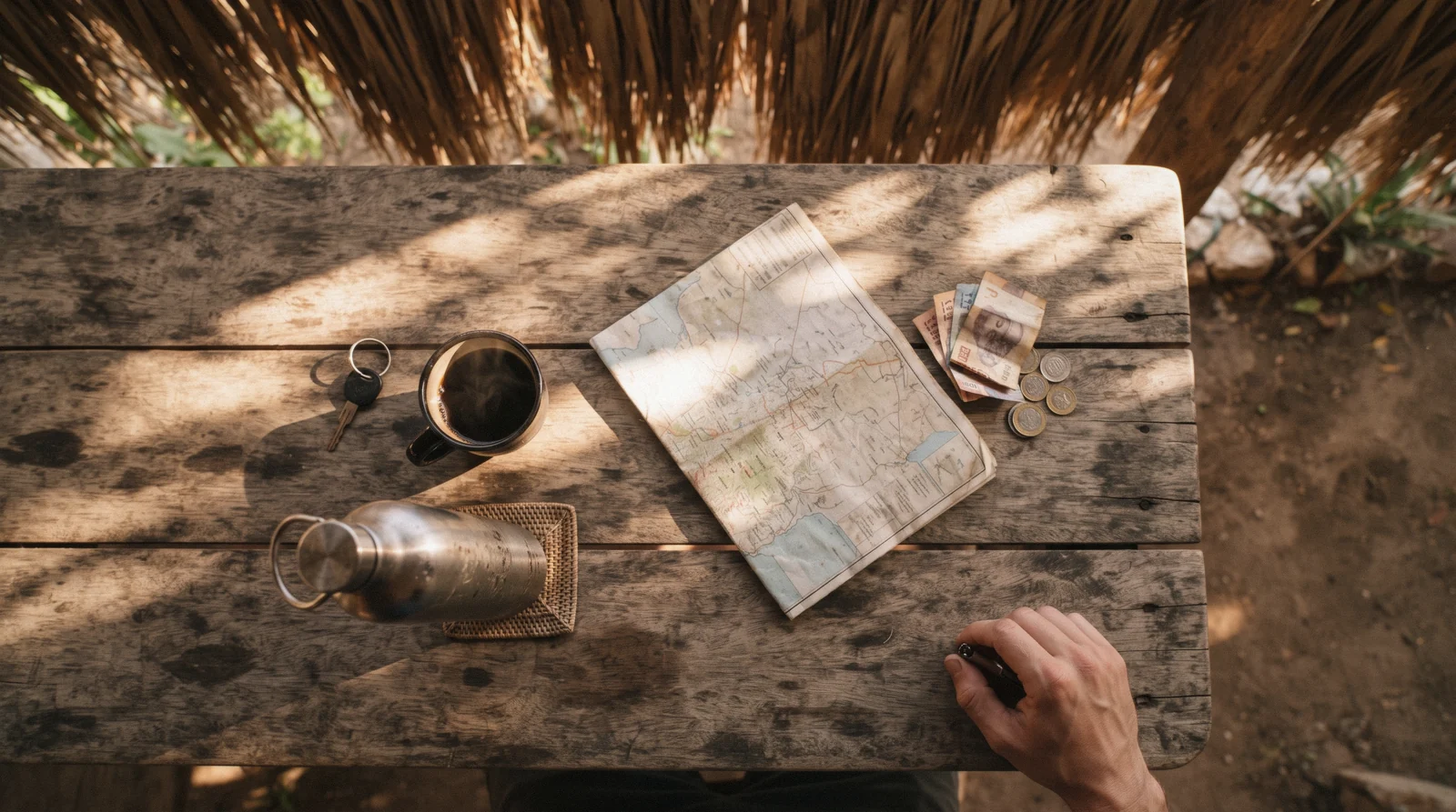 Map, pesos and a bicycle key on a table while planning a trip to Tulum, Tulum Mexico