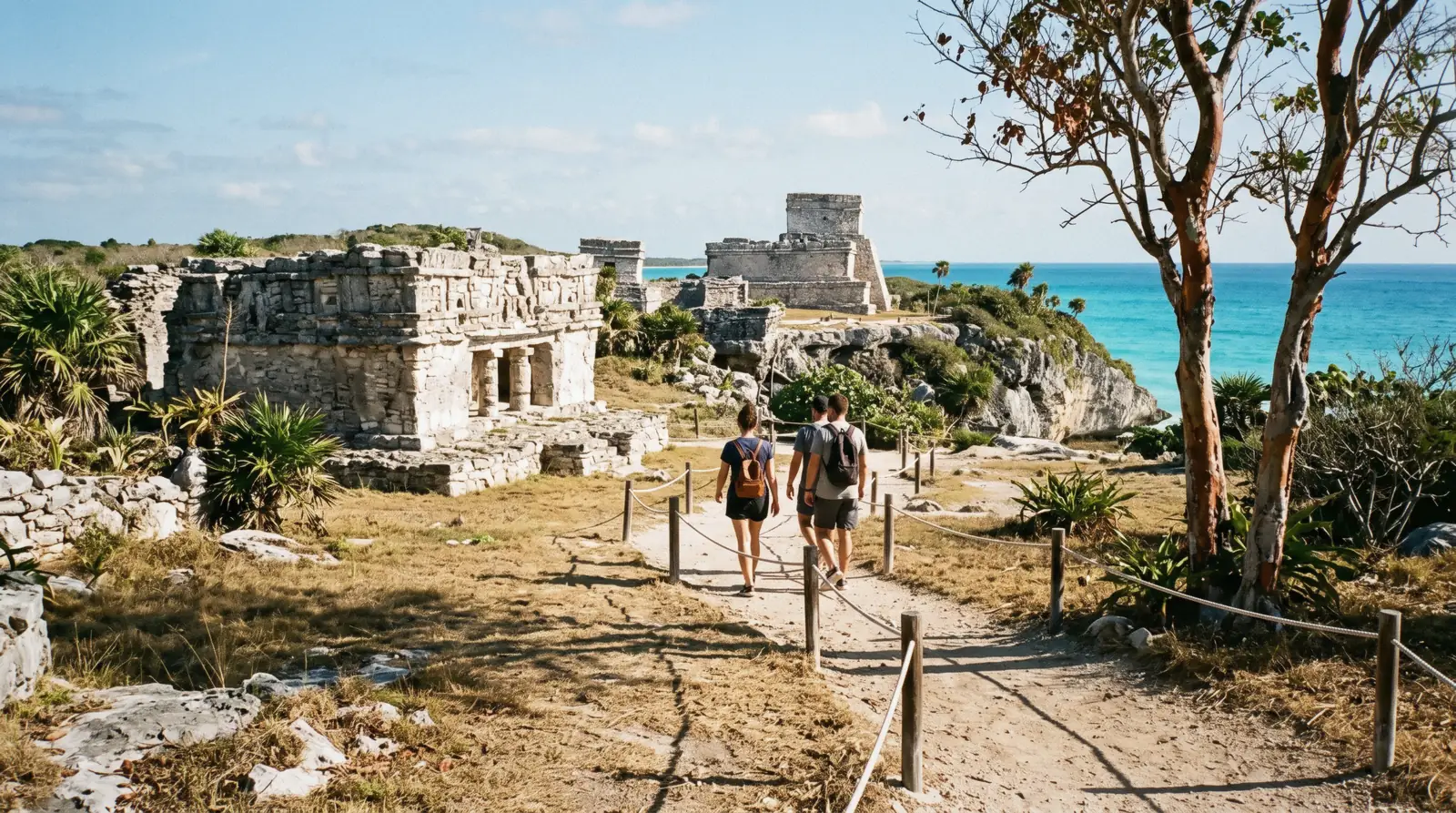 El Castillo on the limestone cliff above the Caribbean at the Tulum ruins, Tulum Mexico