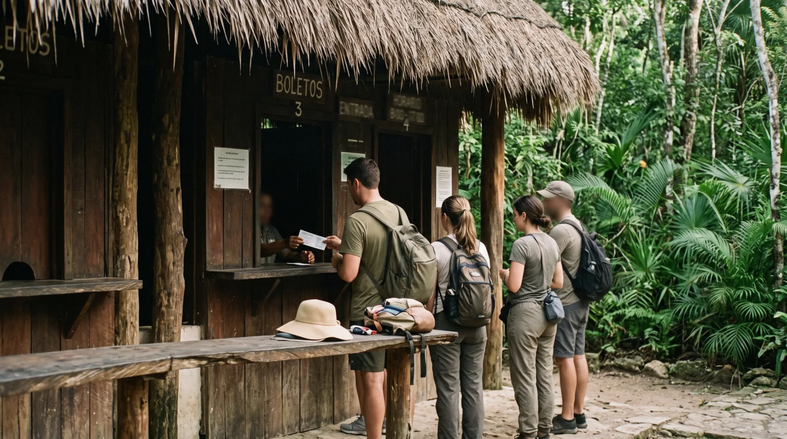 Visitors at the ticket windows of the Parque del Jaguar entrance for Tulum ruins tickets, Tulum Mexico