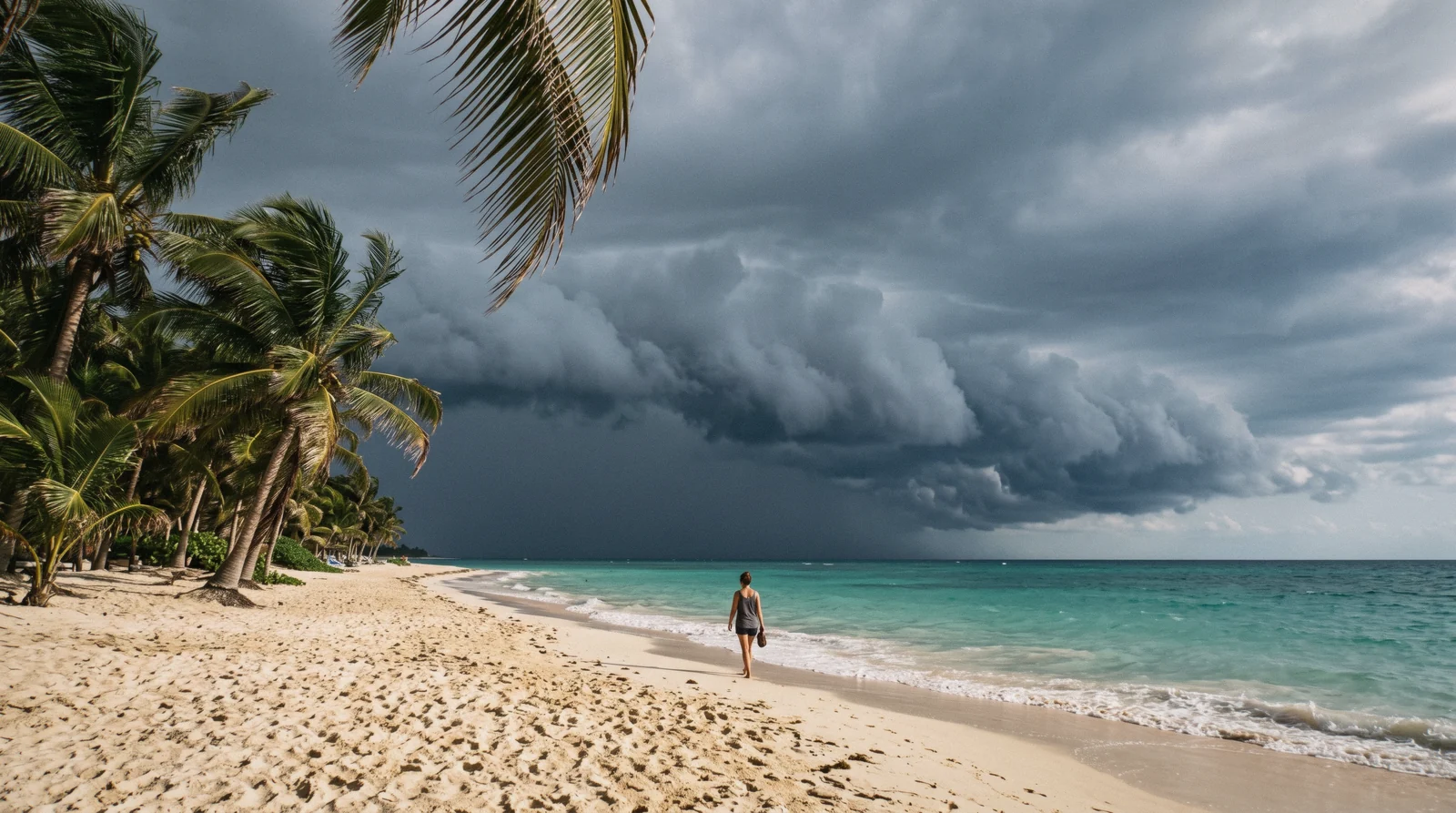 Afternoon rain clouds building over the palms and turquoise sea in Tulum weather, Tulum Mexico