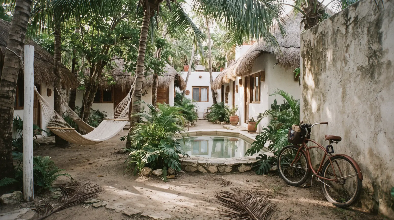Thatched-roof hotel courtyard with hammocks and a plunge pool, where to stay in Tulum, Tulum Mexico